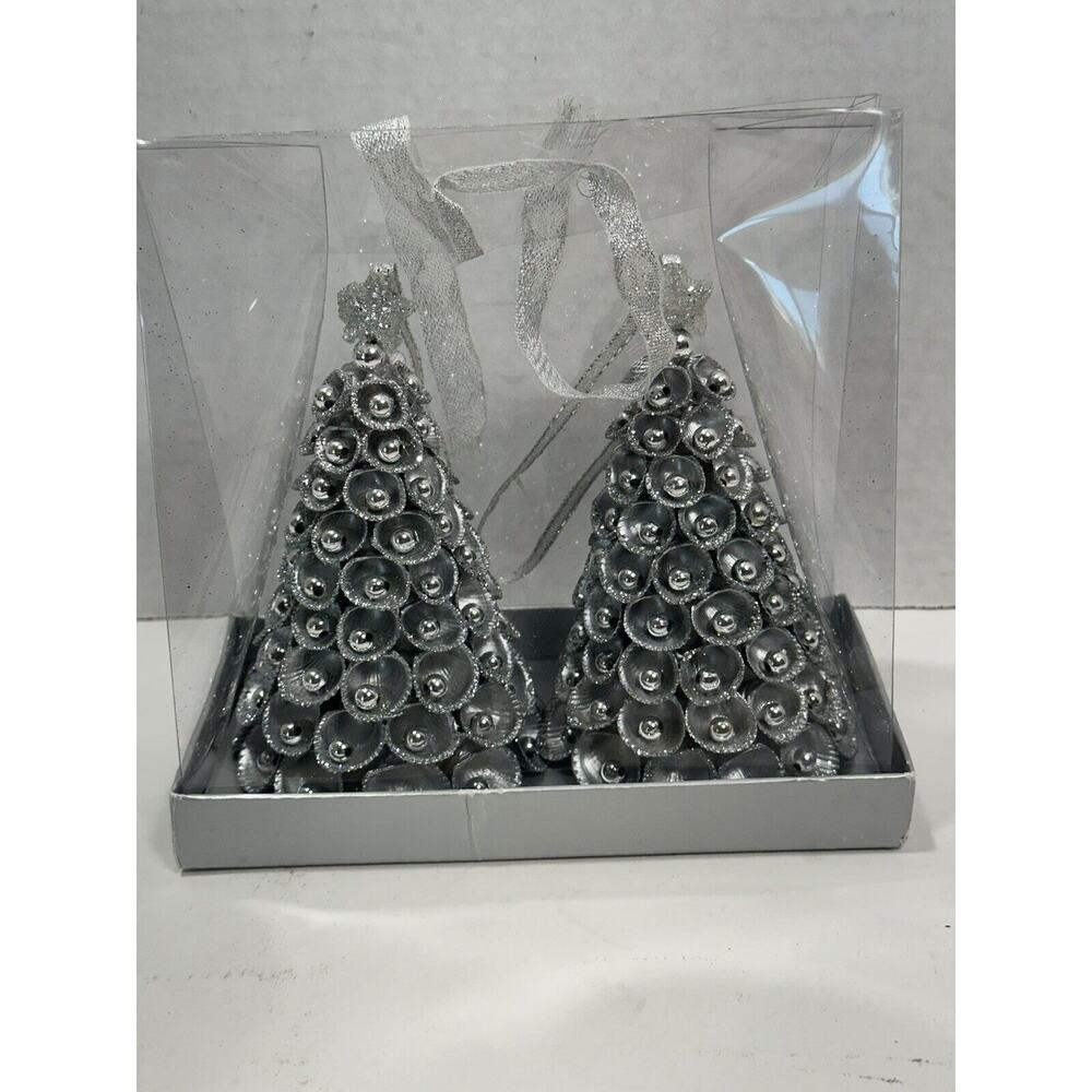 Set 2 Vintage Silver Color Shell & Pearl Christmas Tree Ornaments Decor Luxury